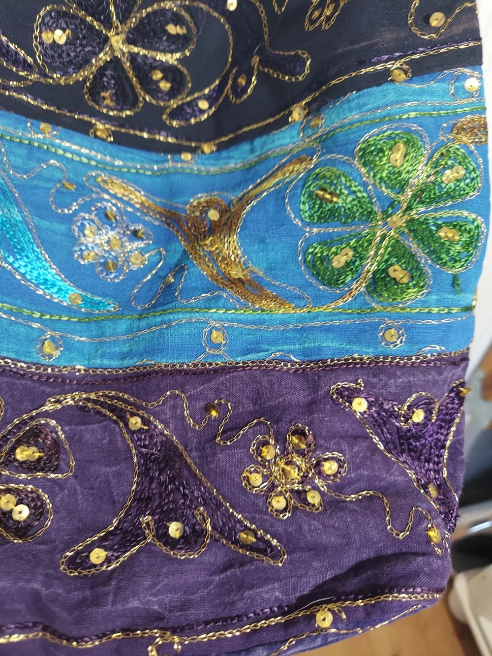 Embroidered Multicolor Hobo Bag - Blue, Purple, Black